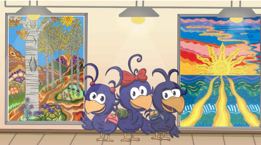 Curly Crow Art, Curly Crow with curly hair standing in front of art work by artist Barb Keady
