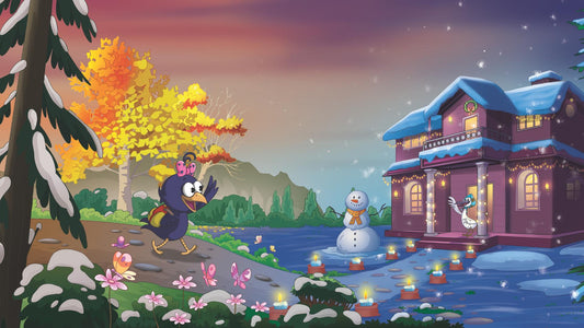 Curly Crow walking with a backpack toward Grandma’s house, surrounded by trees and soft seasonal colors—a journey filled with love and memories.