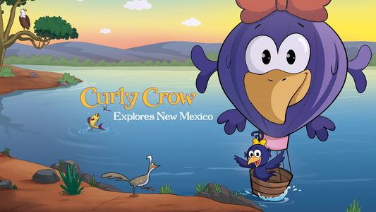 Curly Crow in a hot air balloon. Explore New Mexico with Curly Crow! Check out the new Curly Crow Explores New Mexico Activity Book, part of the bestselling children’s book series by Nicholas Aragon.