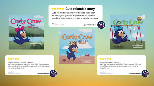 Curly Crow Goes Camping, Curly Crow Goes to the Beach, and Curly Crow Goes to the Park book covers with customer testimonials highlighting the joy and adventure these stories bring to young readers.