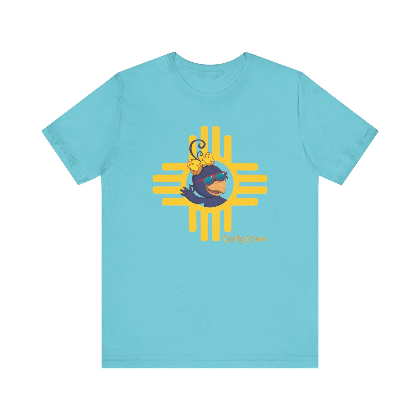 Curly Crow “Waving Crow” Tee – Large Yellow Zia Logo for Adults