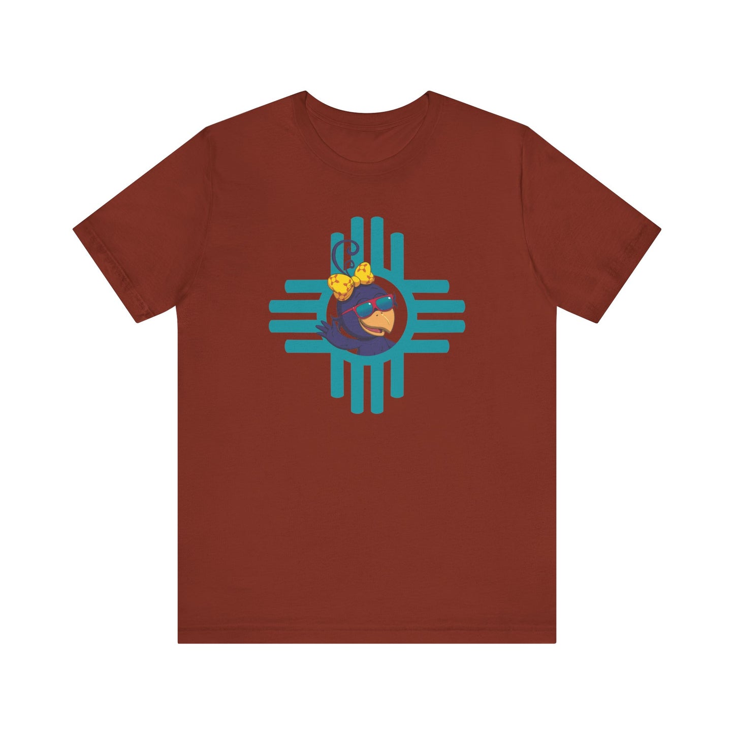 Curly Crow “Waving Crow” Tee – Large Turquoise Zia Logo with Back Logo (Adults)