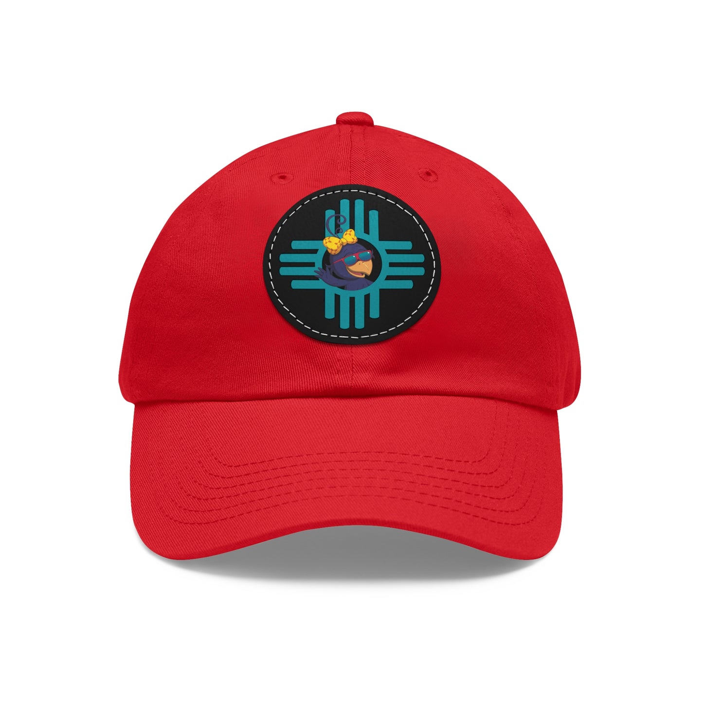 Red baseball cap with a circular emblem featuring a blue design on a white background