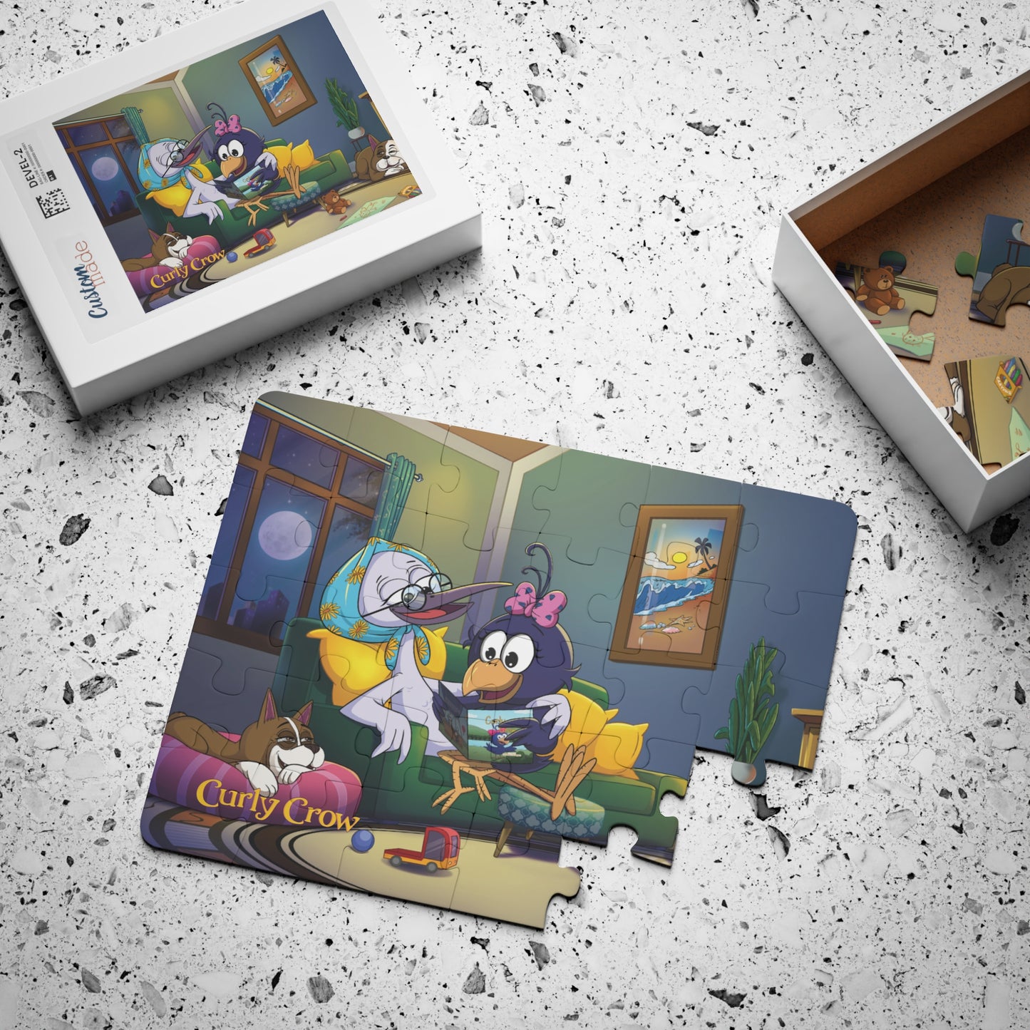 Puzzle box featuring the Curly Crow Grandma’s House design and reference photo.
