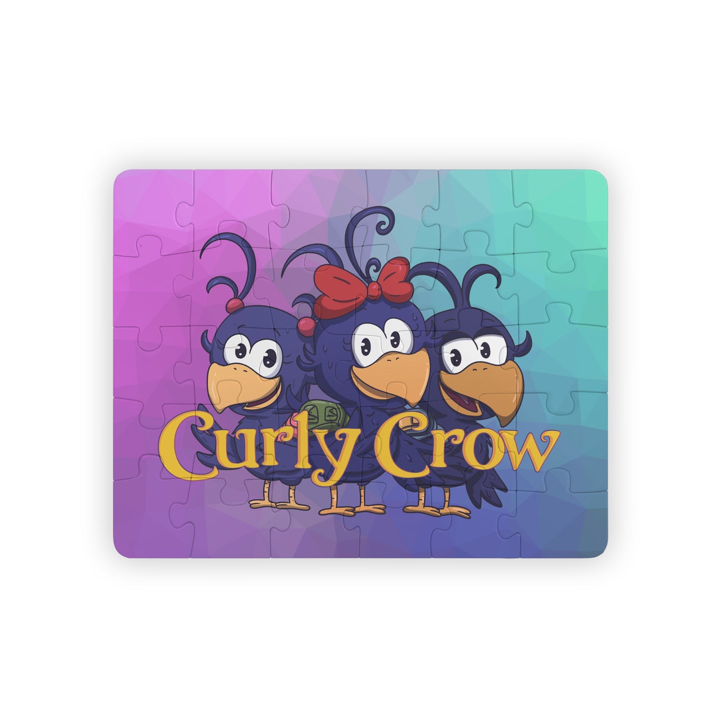 Fully assembled puzzle showcasing the iconic Curly Crow logo in its bold and cheerful design.