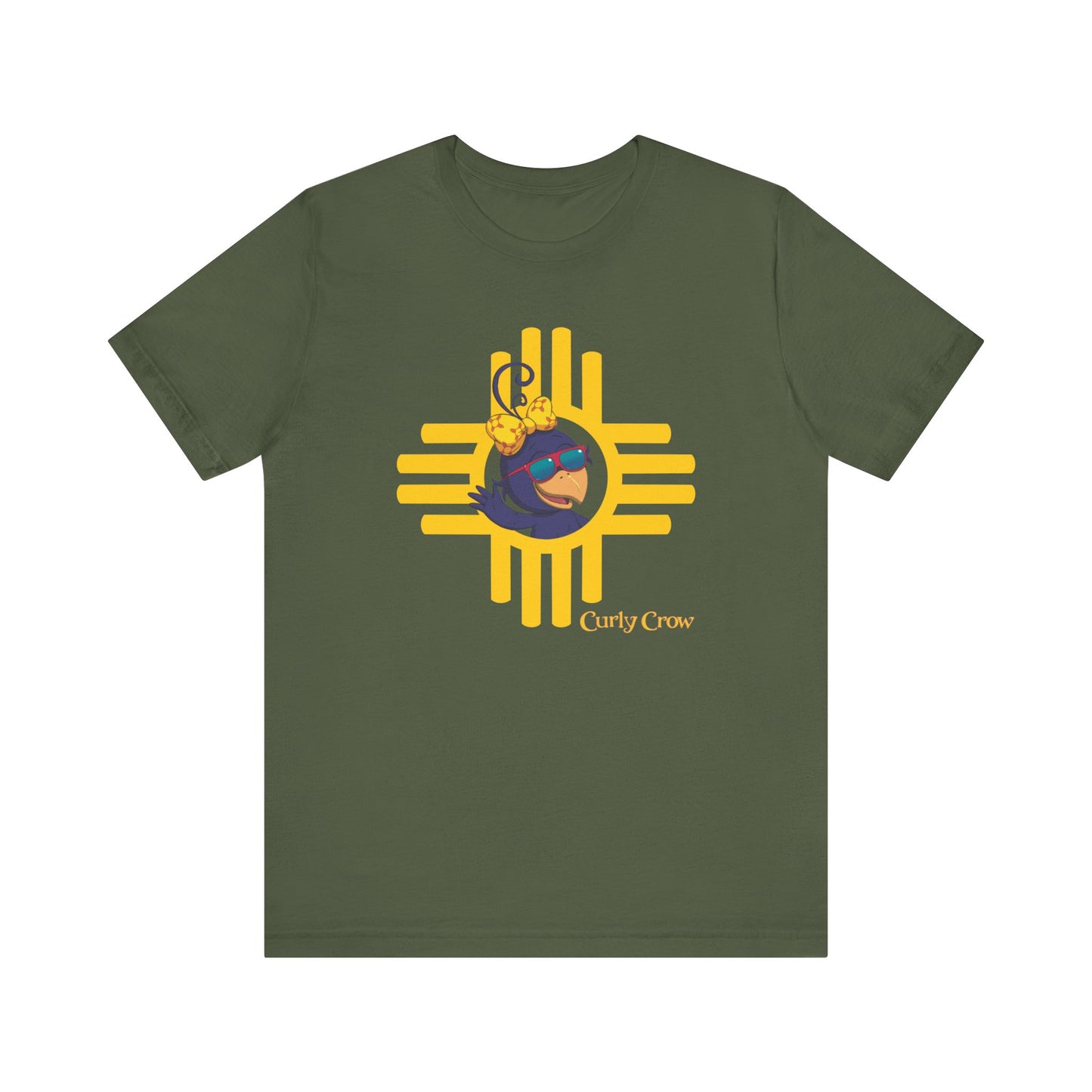 Curly Crow “Waving Crow” Tee – Large Yellow Zia Logo for Adults