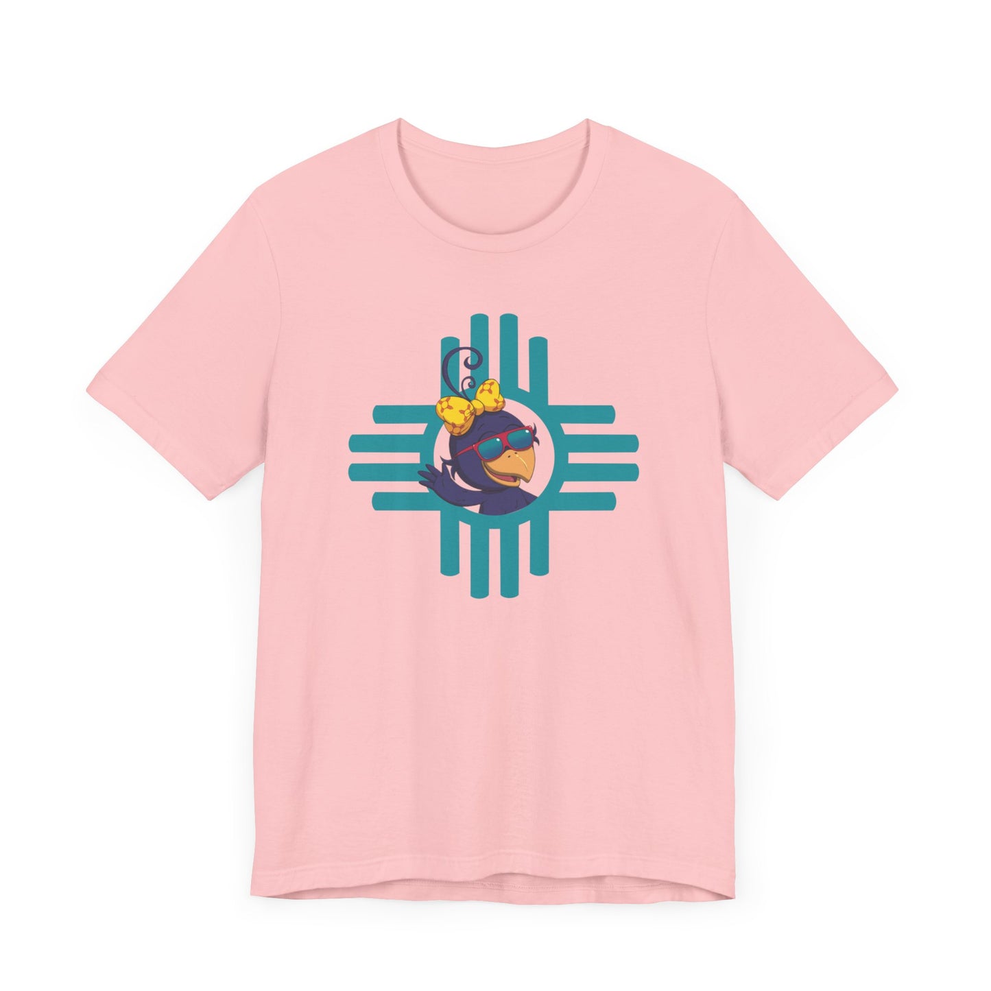 Curly Crow “Waving Crow” Tee – Large Turquoise Zia Logo with Back Logo (Adults)