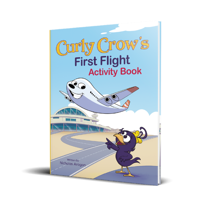 Cover of 'Curly Crow's First Flight Activity Book' featuring an illustration of a crow character with a airplane and airport background.