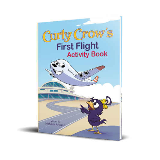 Cover of 'Curly Crow's First Flight Activity Book' featuring an illustration of a crow character with a airplane and airport background.