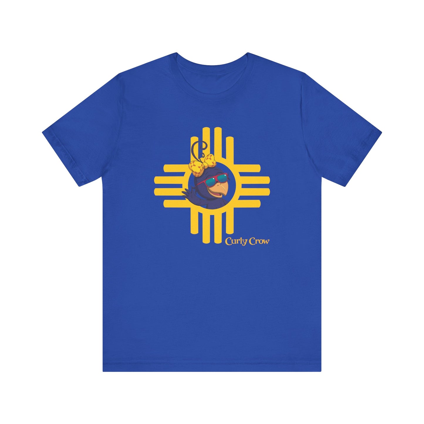 Curly Crow “Waving Crow” Tee – Large Yellow Zia Logo for Adults