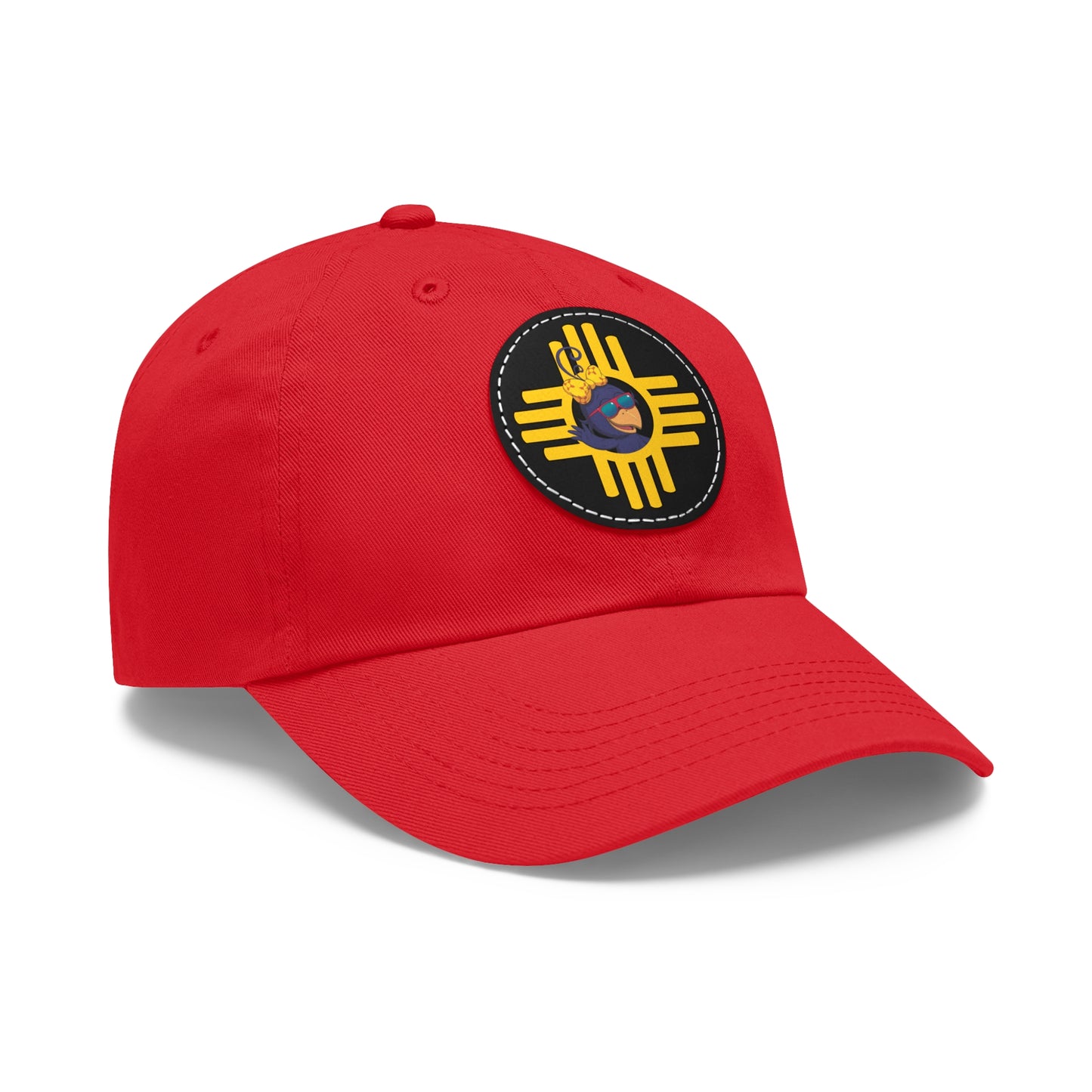 Red cap with a colorful emblem on a white background