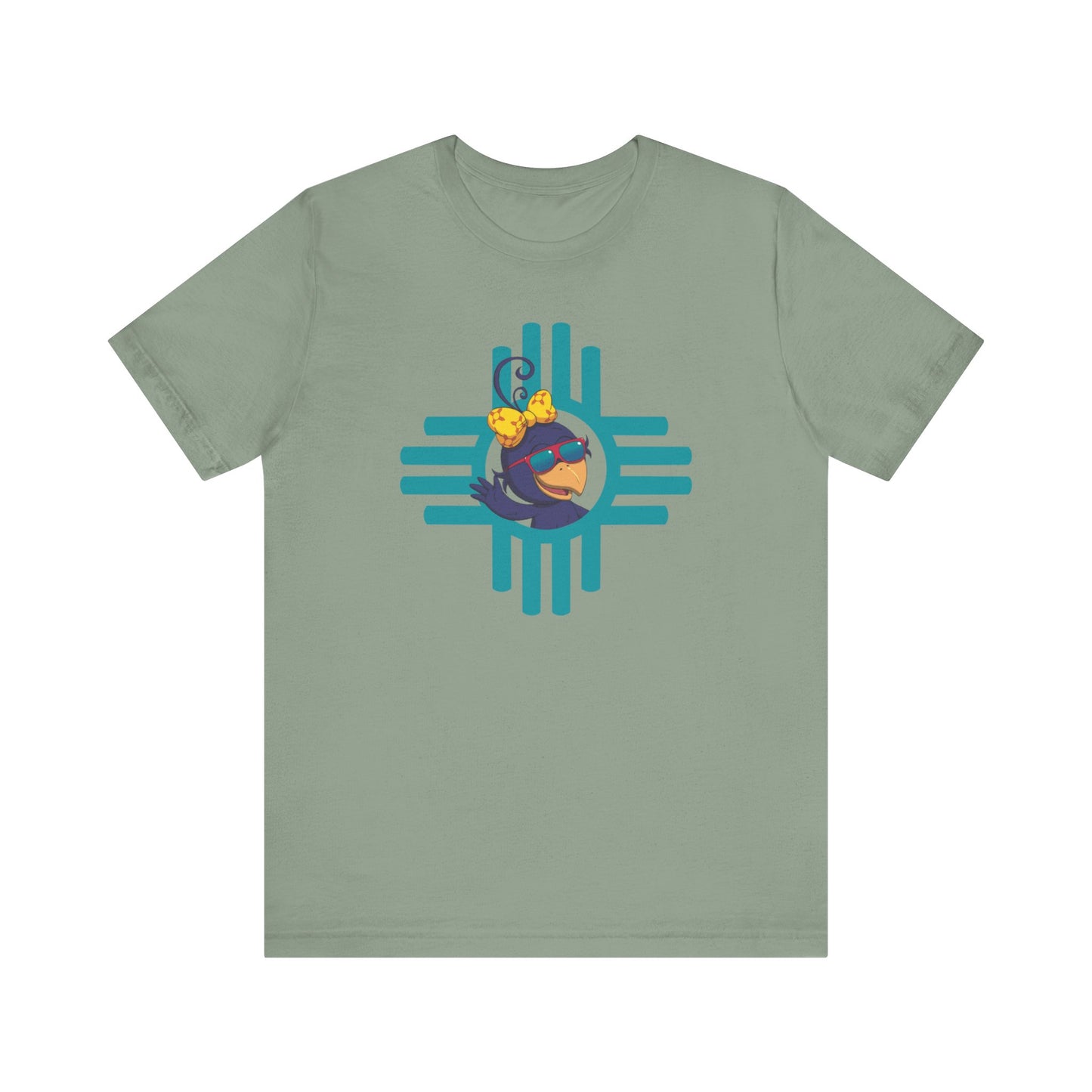 Curly Crow “Waving Crow” Tee – Large Turquoise Zia Logo with Back Logo (Adults)