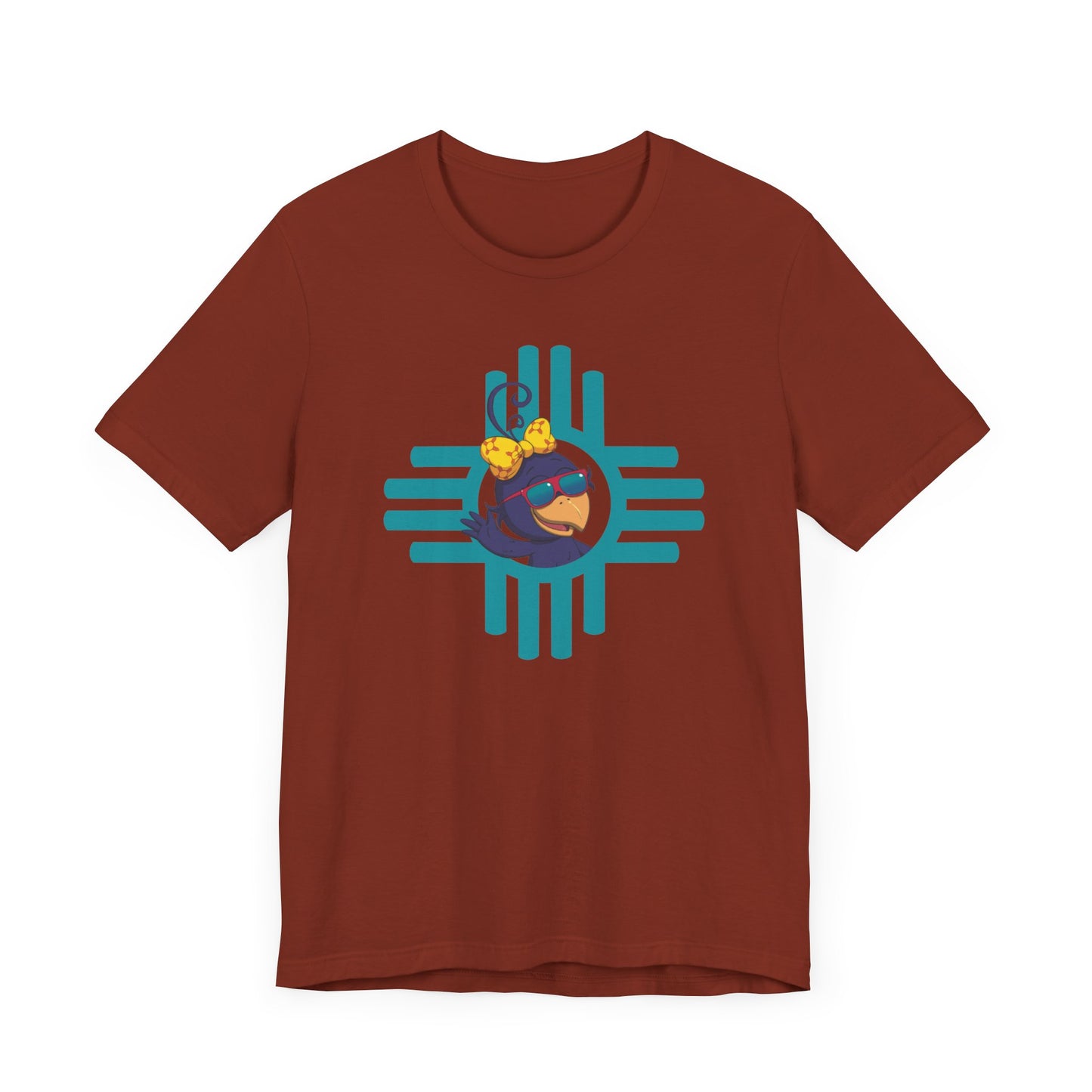 Curly Crow “Waving Crow” Tee – Large Turquoise Zia Logo with Back Logo (Adults)