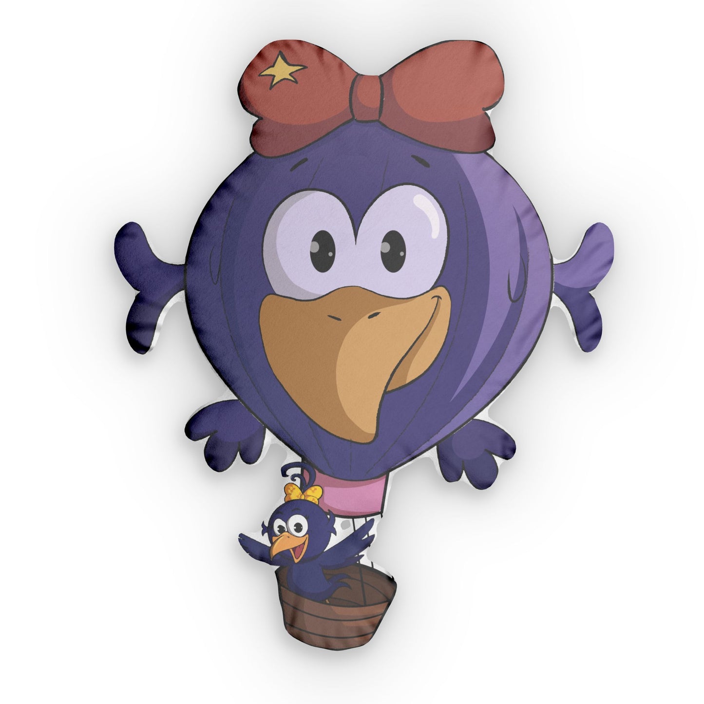 The Balloon Pillow shown front and back, highlighting its double-sided design with Curly Crow and her hot air balloon ready for adventure.