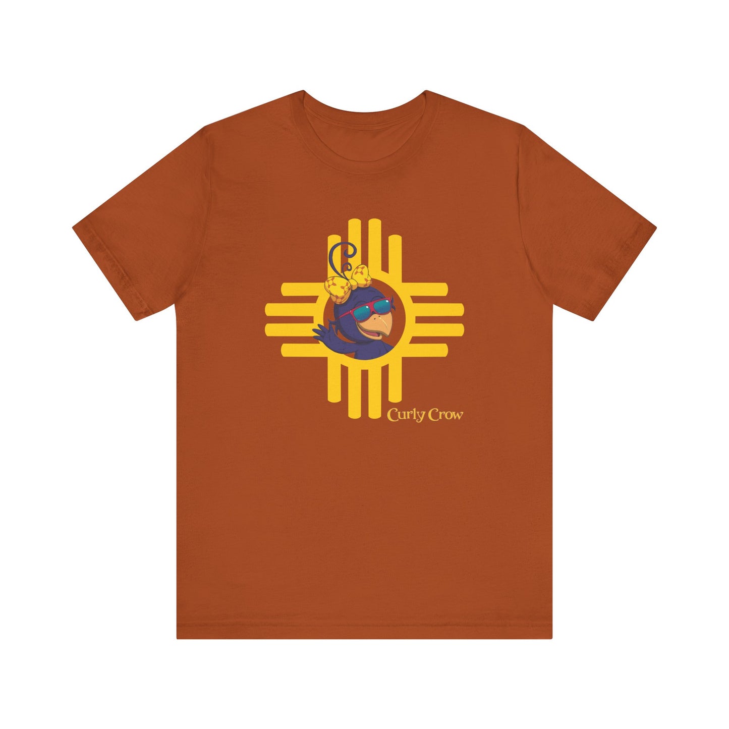 Curly Crow “Waving Crow” Tee – Large Yellow Zia Logo for Adults
