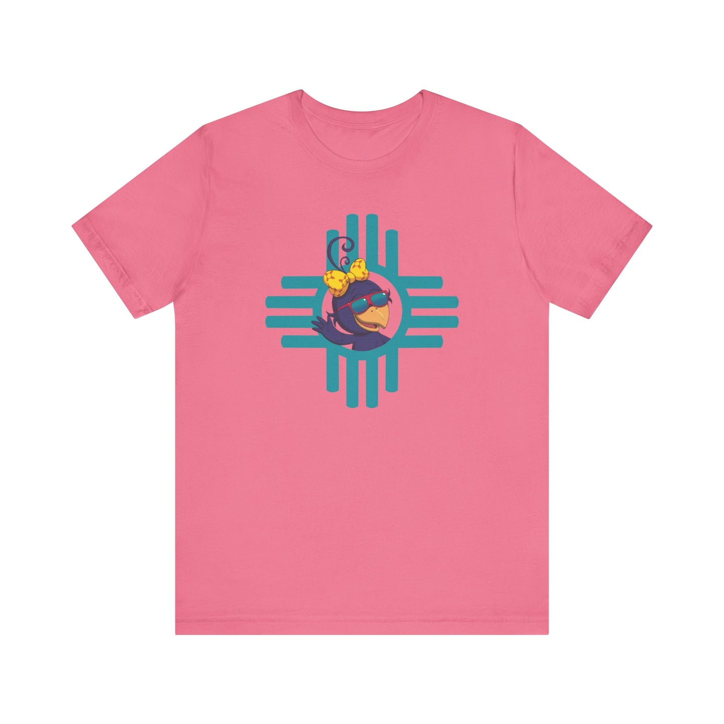 Curly Crow “Waving Crow” Tee – Large Turquoise Zia Logo with Back Logo (Adults)