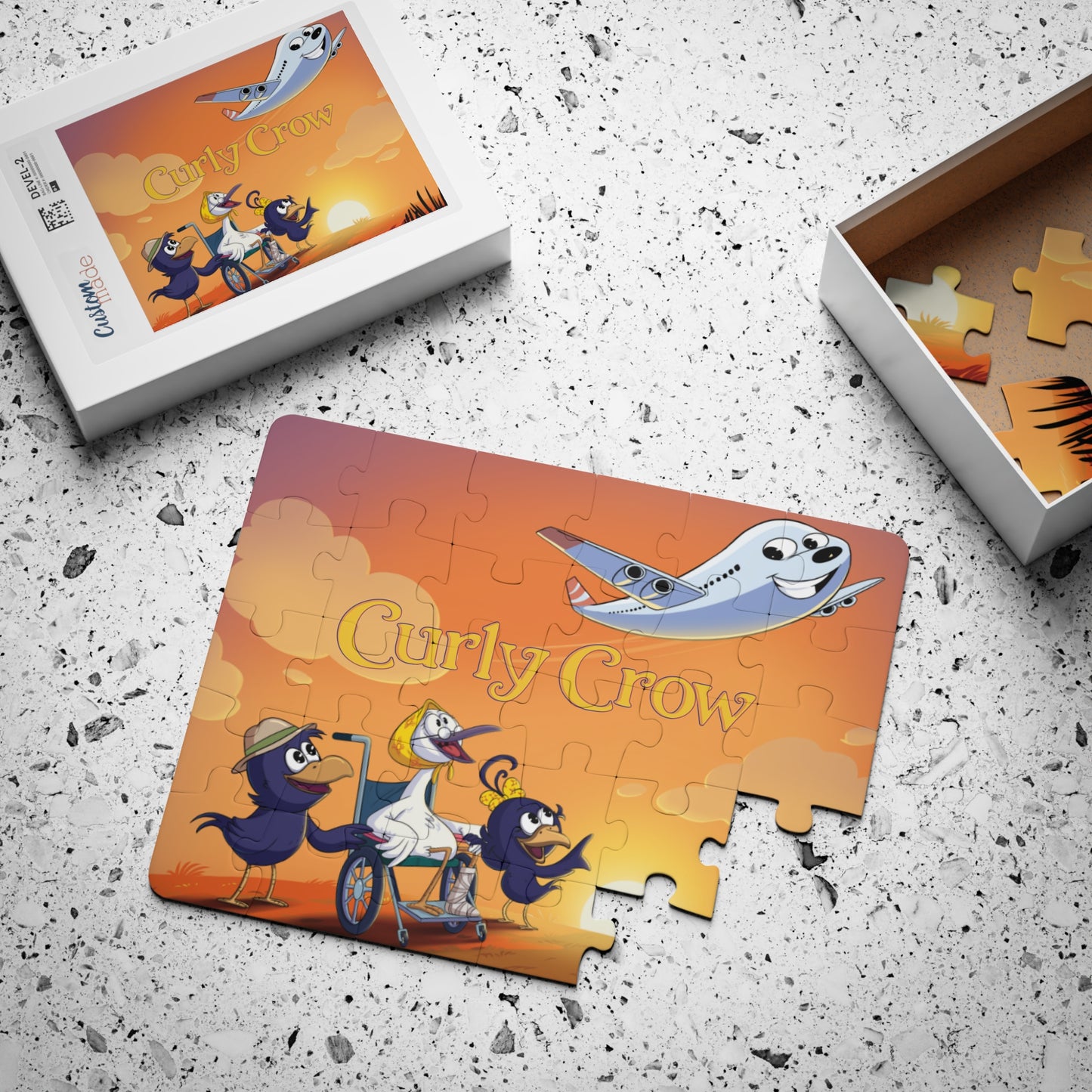 Puzzle box with the airplane design, including the reference photo and dimensions.