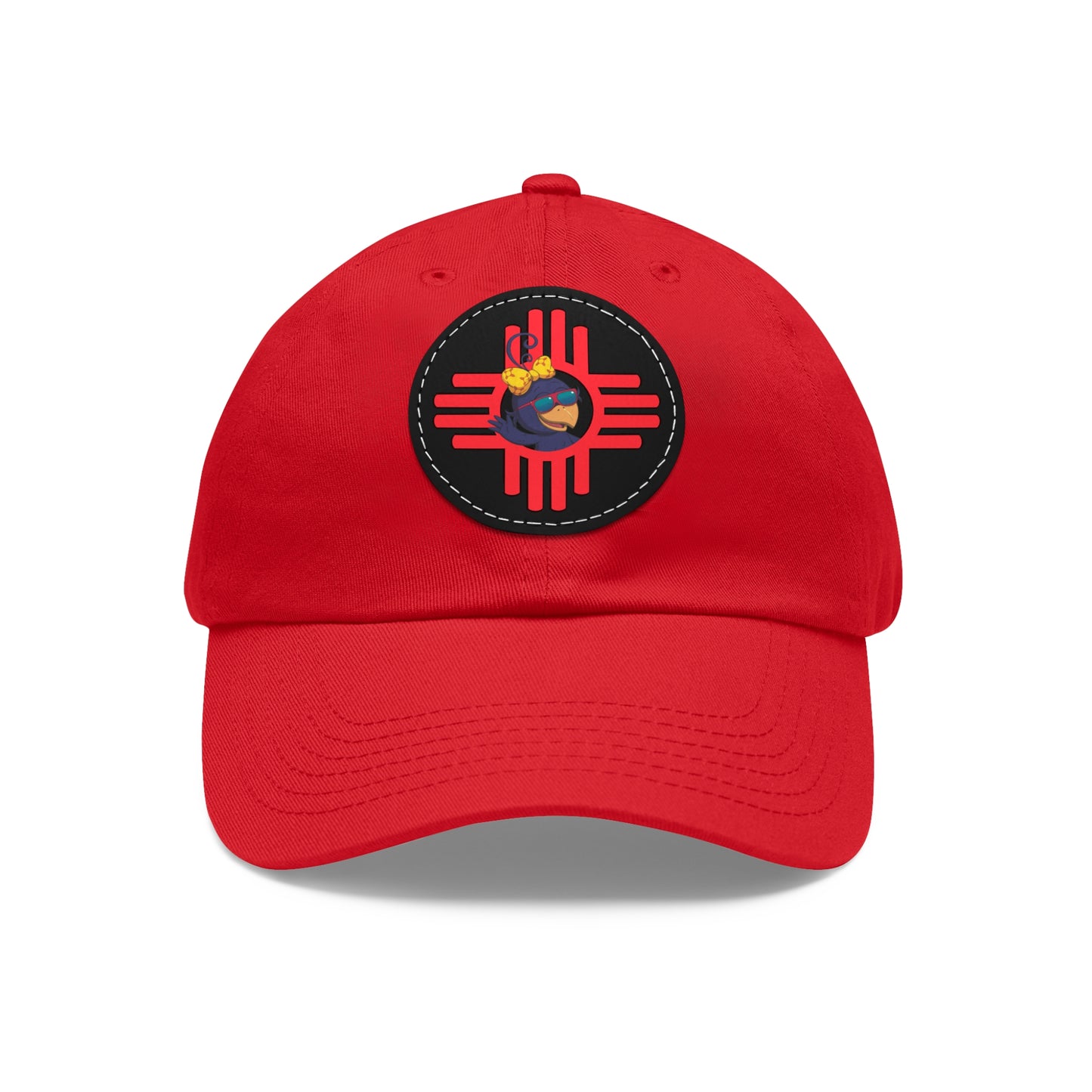 Red cap with a circular emblem featuring a red and yellow design on a white background