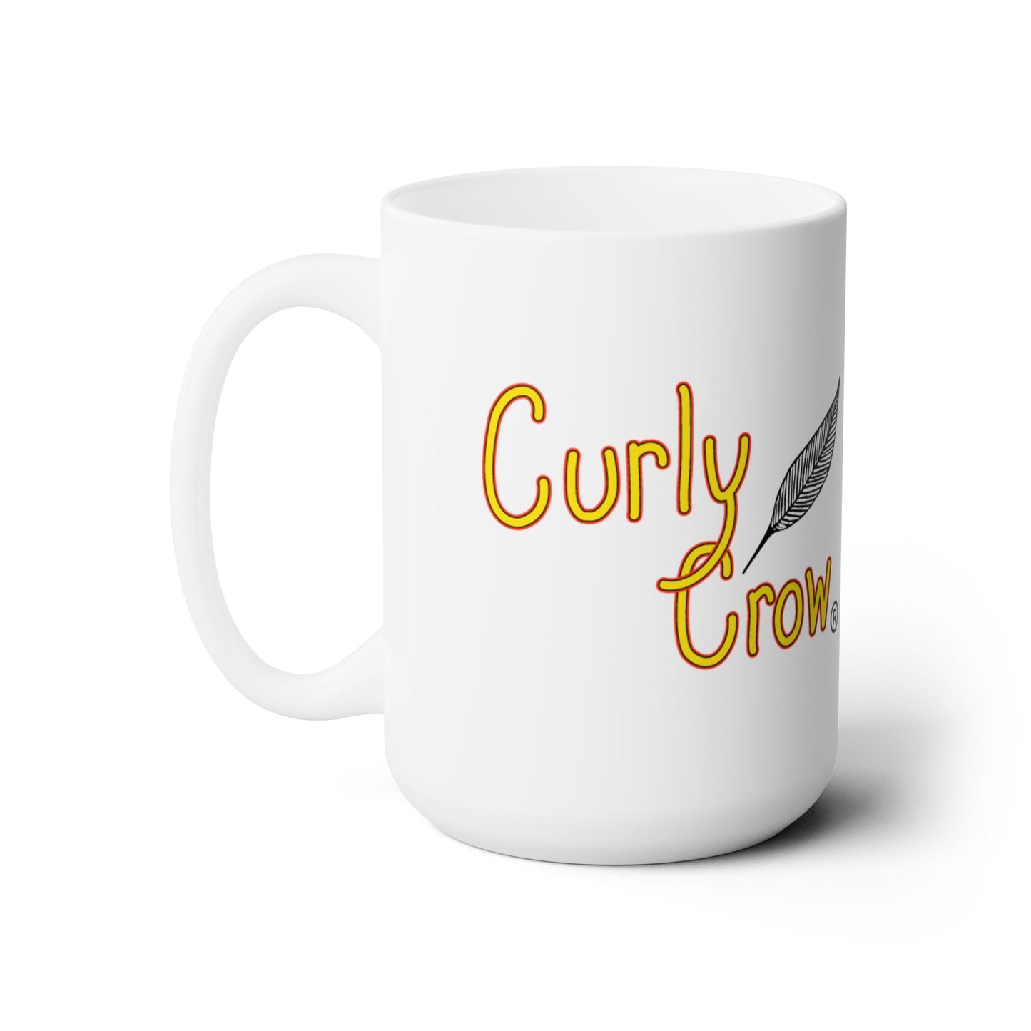 White mug with 'Curly Crow' text in yellow on a white background