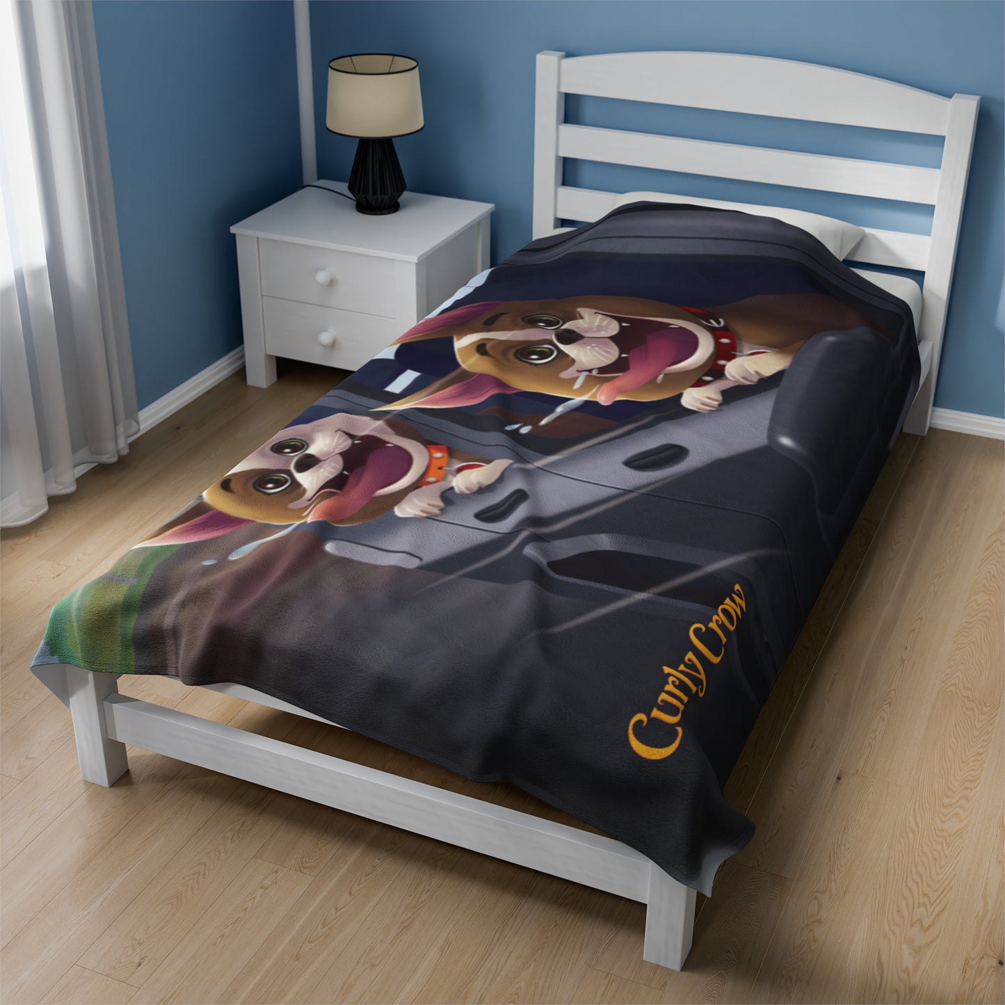 Cozy kids’ blanket featuring playful illustrations of Rooger and Loki, perfect for snuggly storytime adventures.