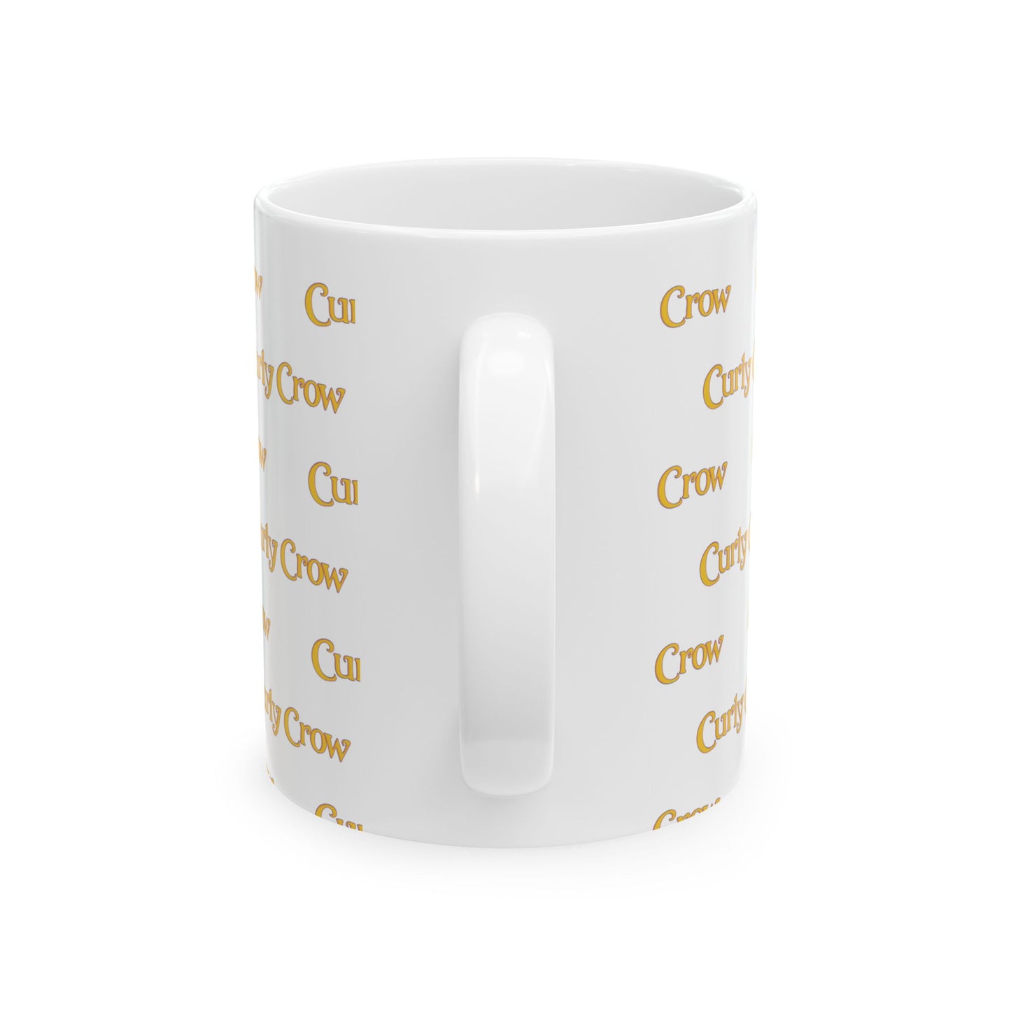 White mug with gold text pattern on a white background