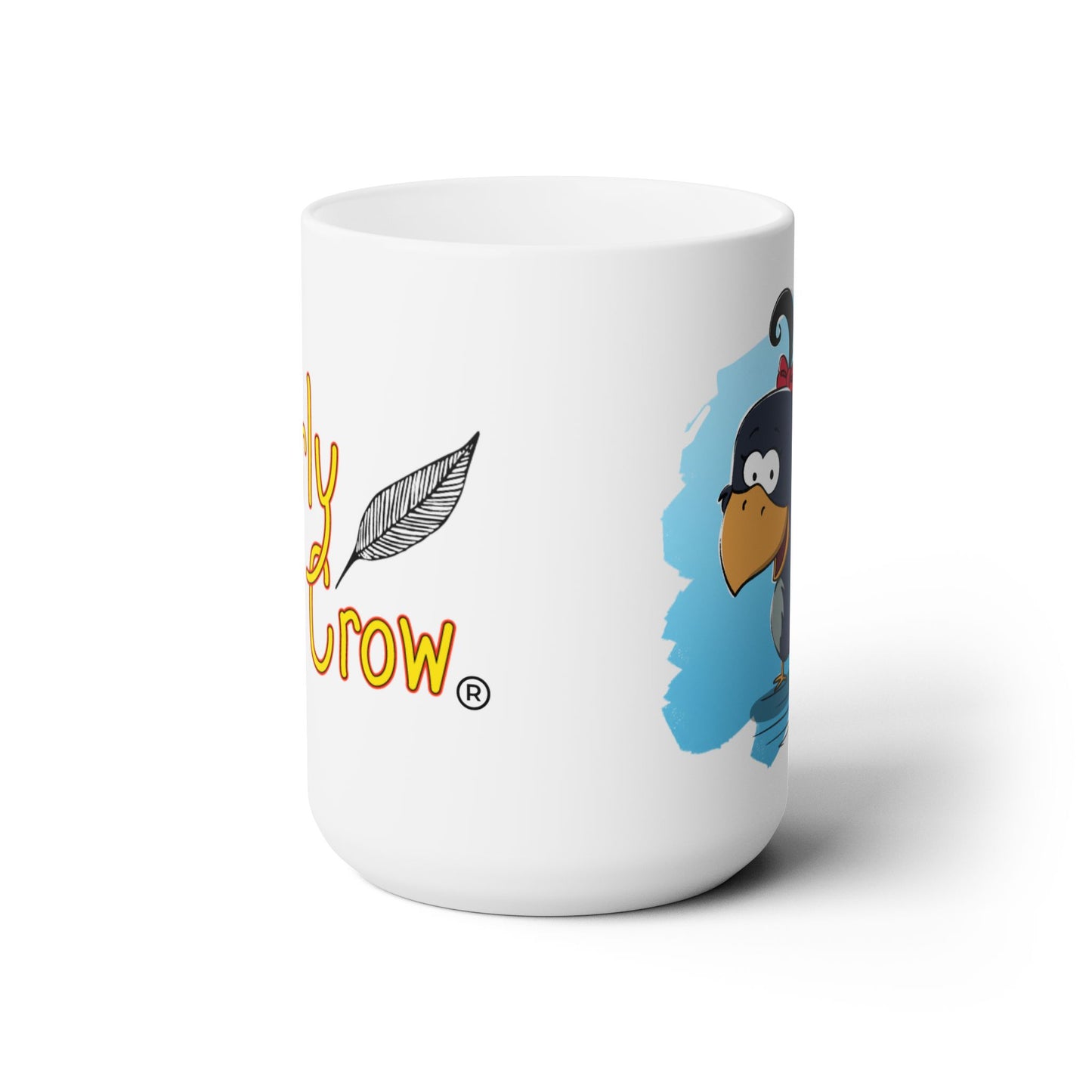 White mug with a cartoon crow design and text on a white background