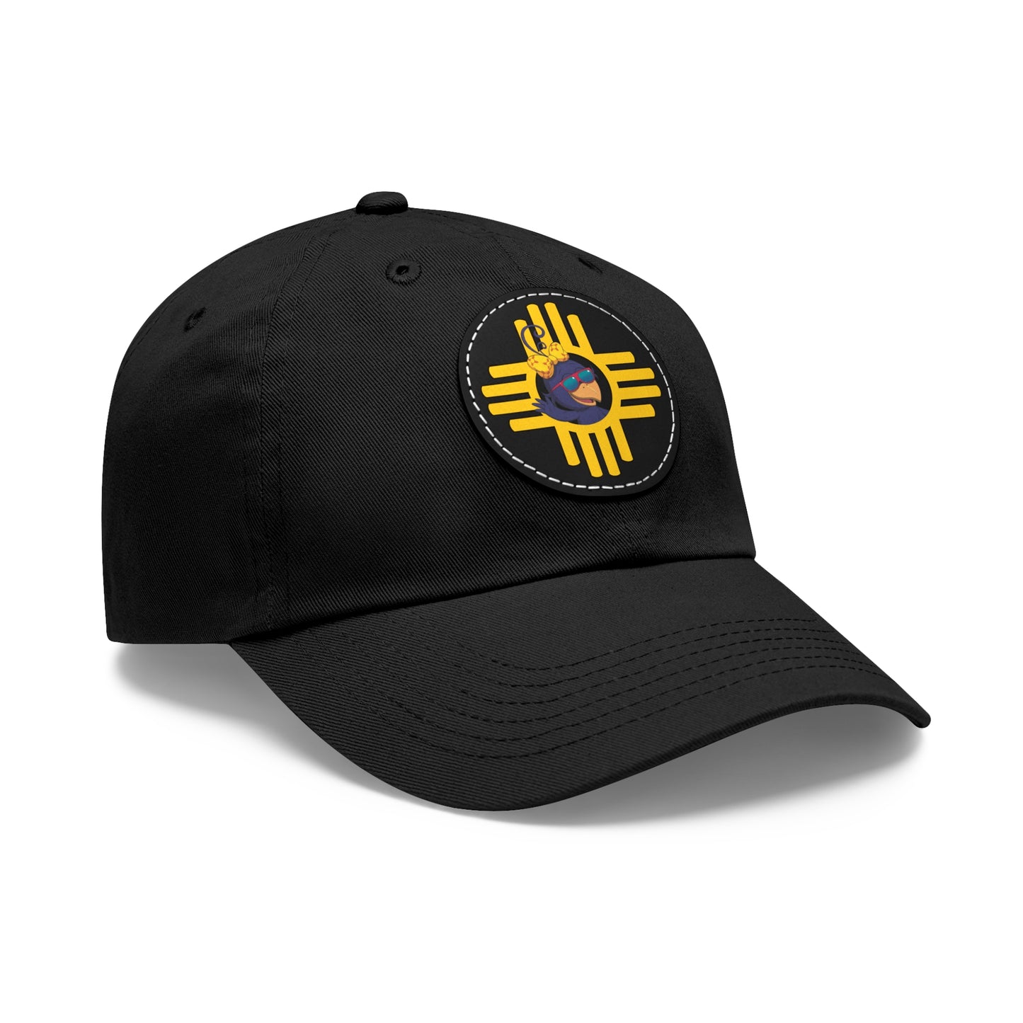 Black cap with a yellow and blue emblem on a white background