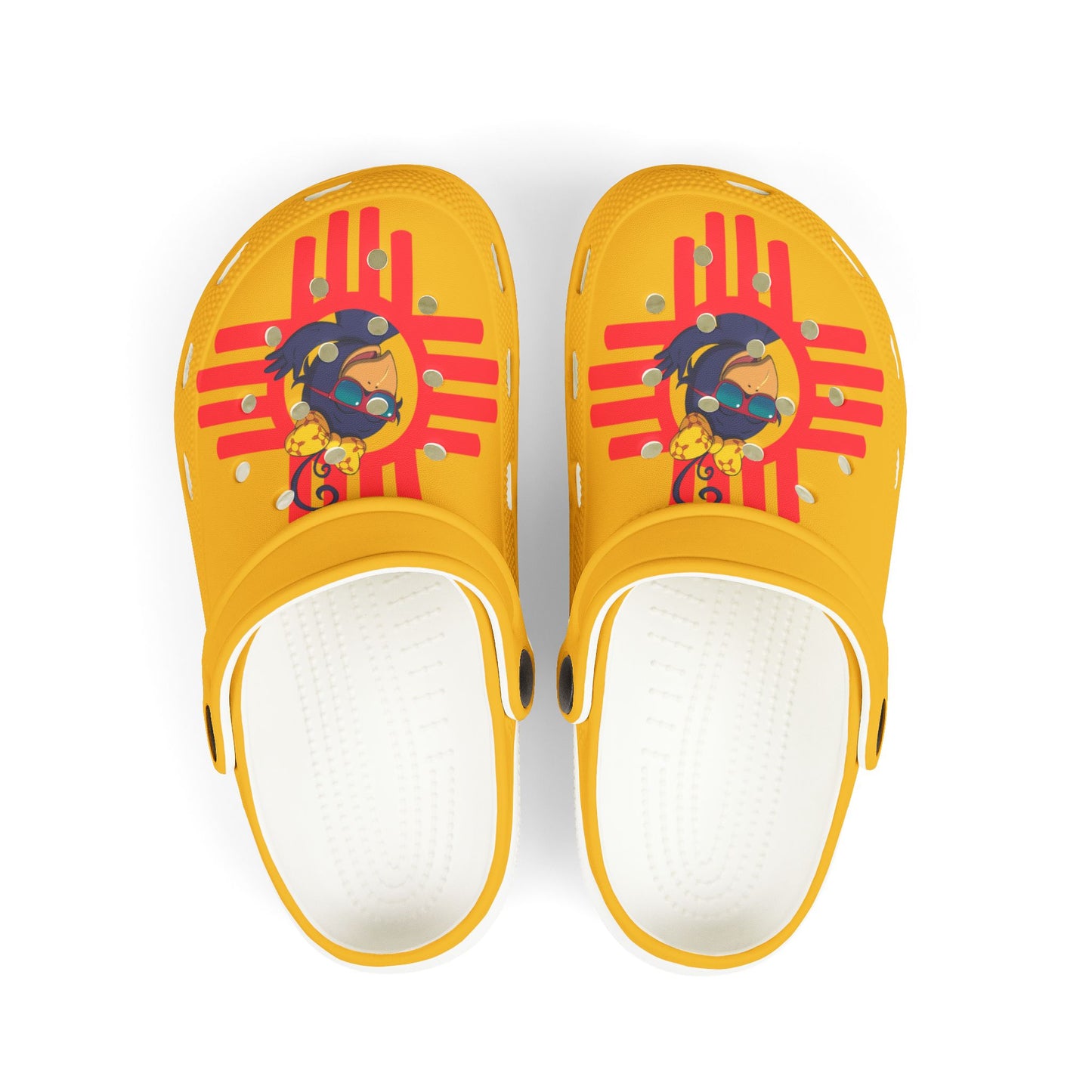 Yellow clogs with cartoon character design on a white background