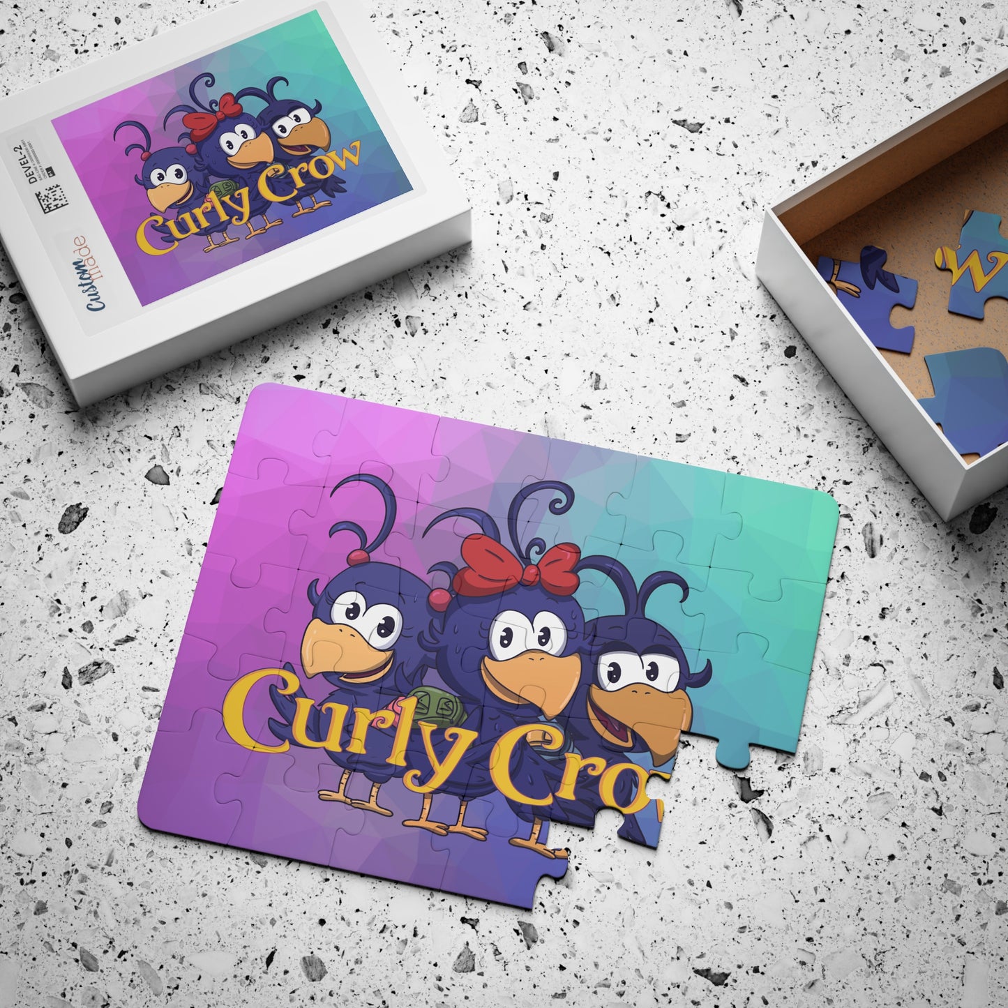 Puzzle box featuring the Curly Crow logo design and reference photo.