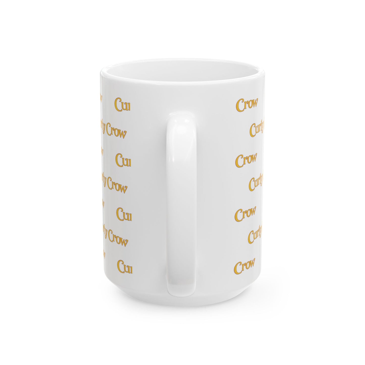 White mug with gold text on a white background