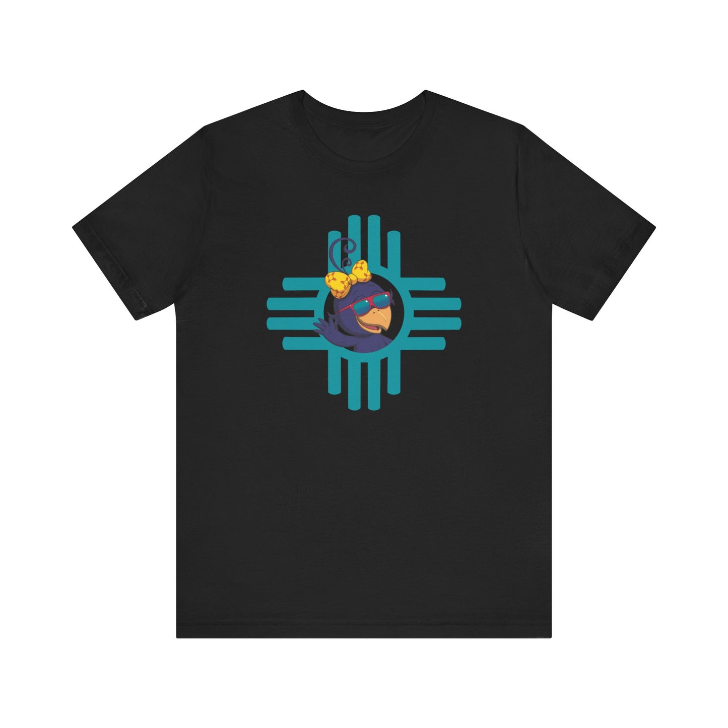 Curly Crow “Waving Crow” Tee – Large Turquoise Zia Logo with Back Logo (Adults)