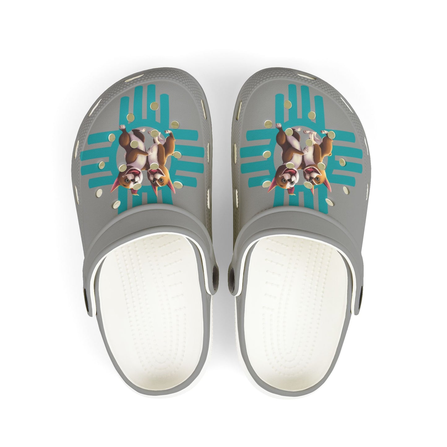 Gray clogs with cartoon dog design on a white background
