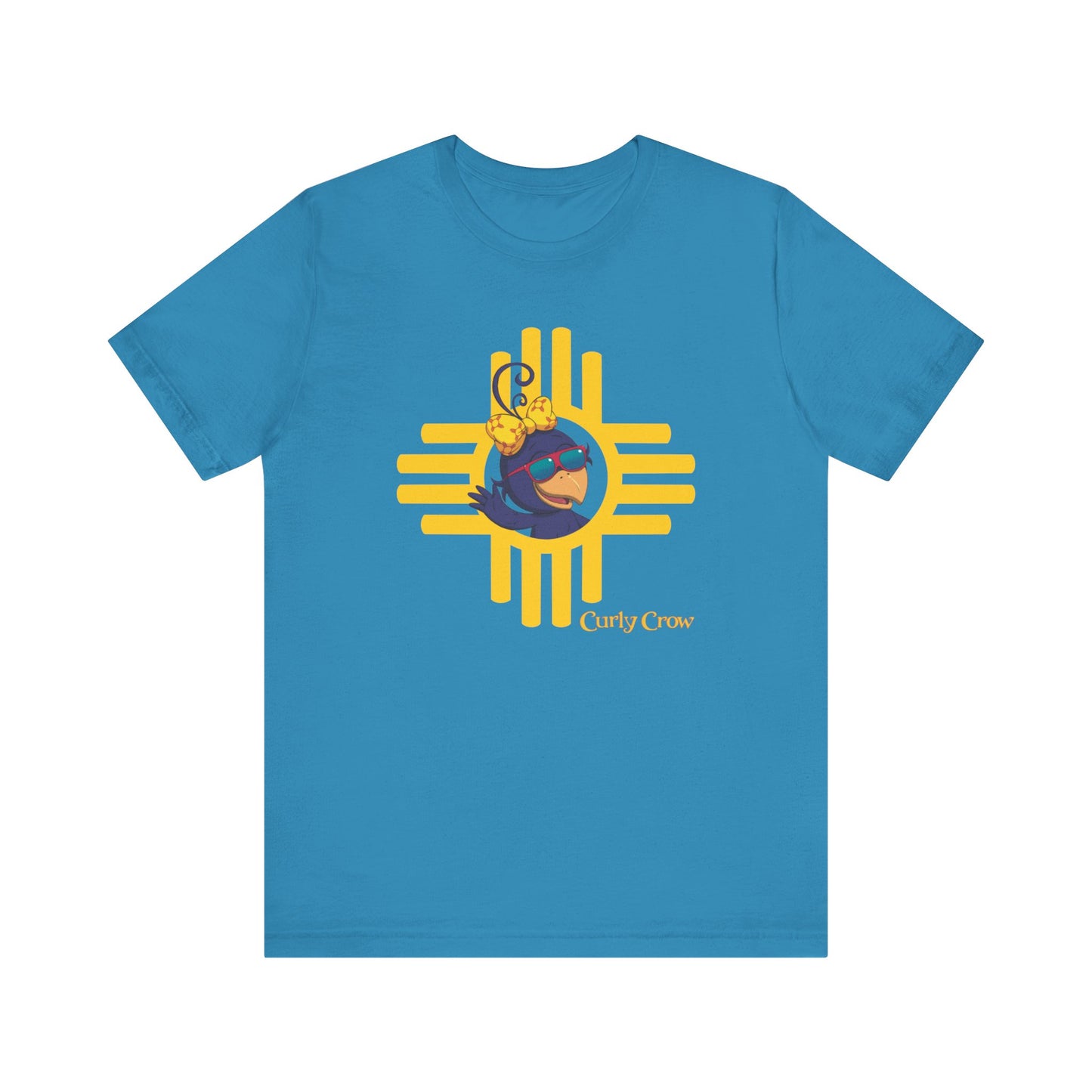 Curly Crow “Waving Crow” Tee – Large Yellow Zia Logo for Adults