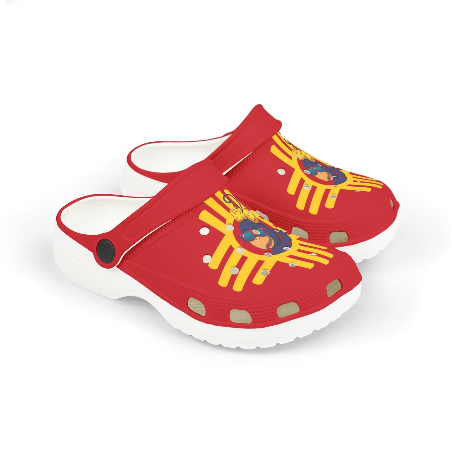 Red children's shoes with white soles and yellow New Mexico Zia