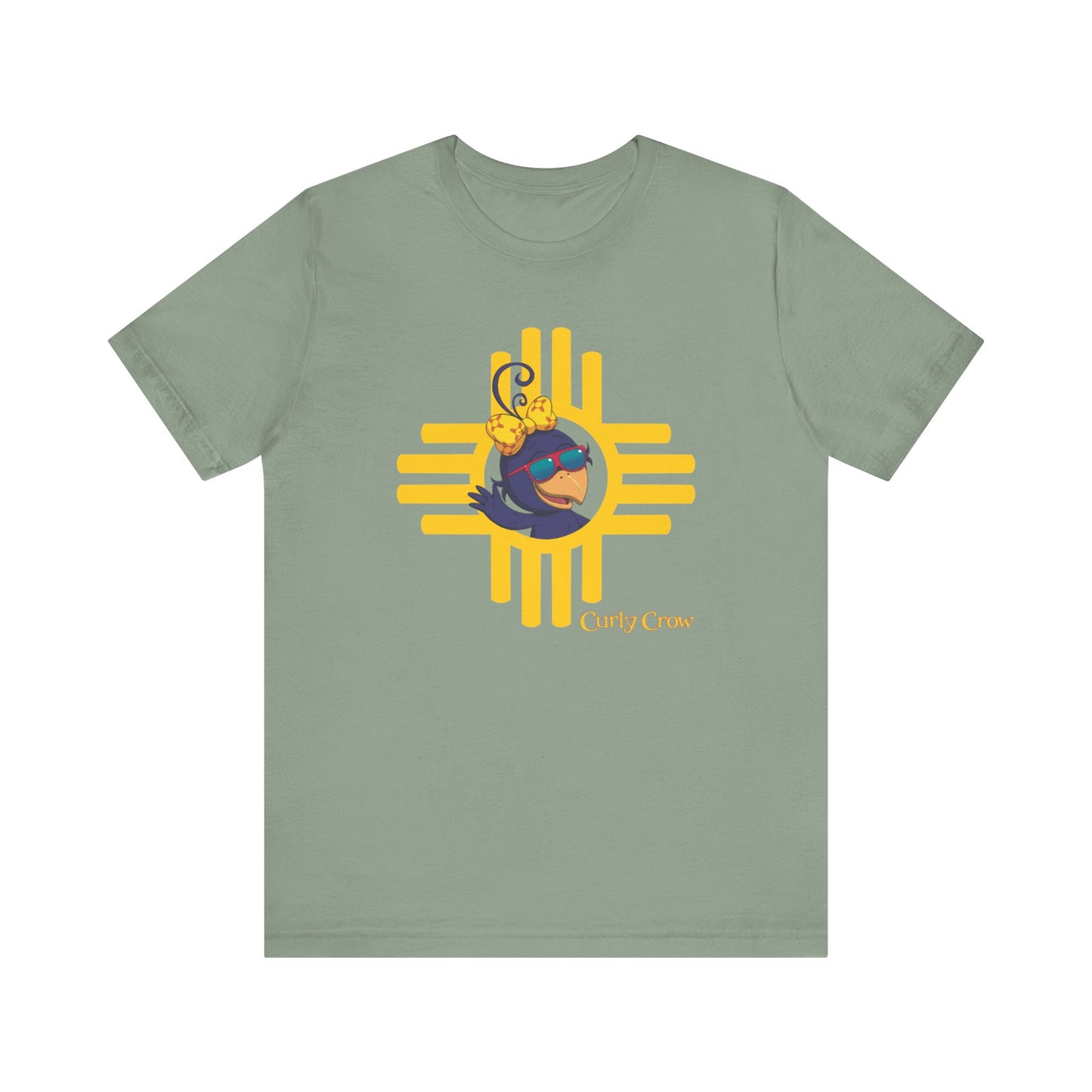 Curly Crow “Waving Crow” Tee – Large Yellow Zia Logo for Adults