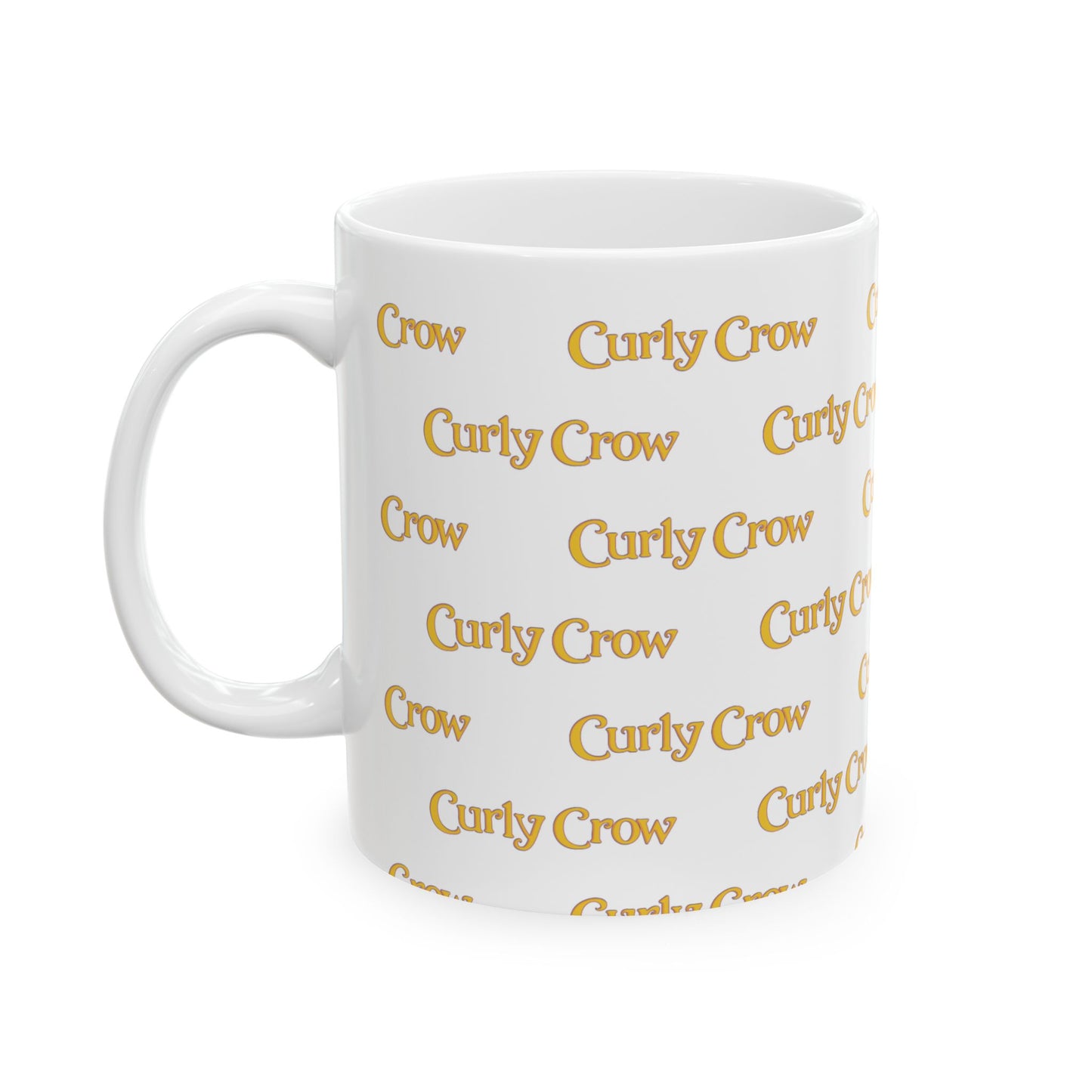 White mug with 'Curly Crow' text pattern on a white background