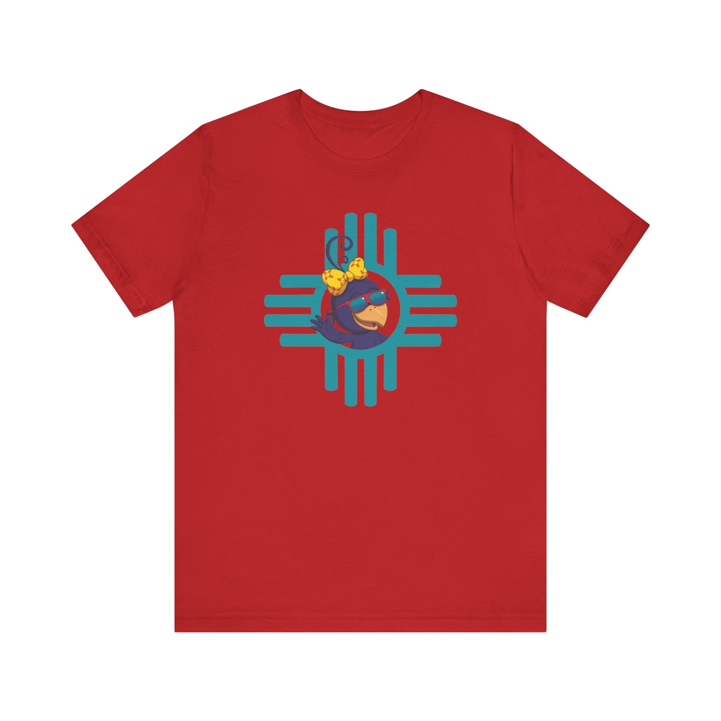 Curly Crow “Waving Crow” Tee – Large Turquoise Zia Logo with Back Logo (Adults)