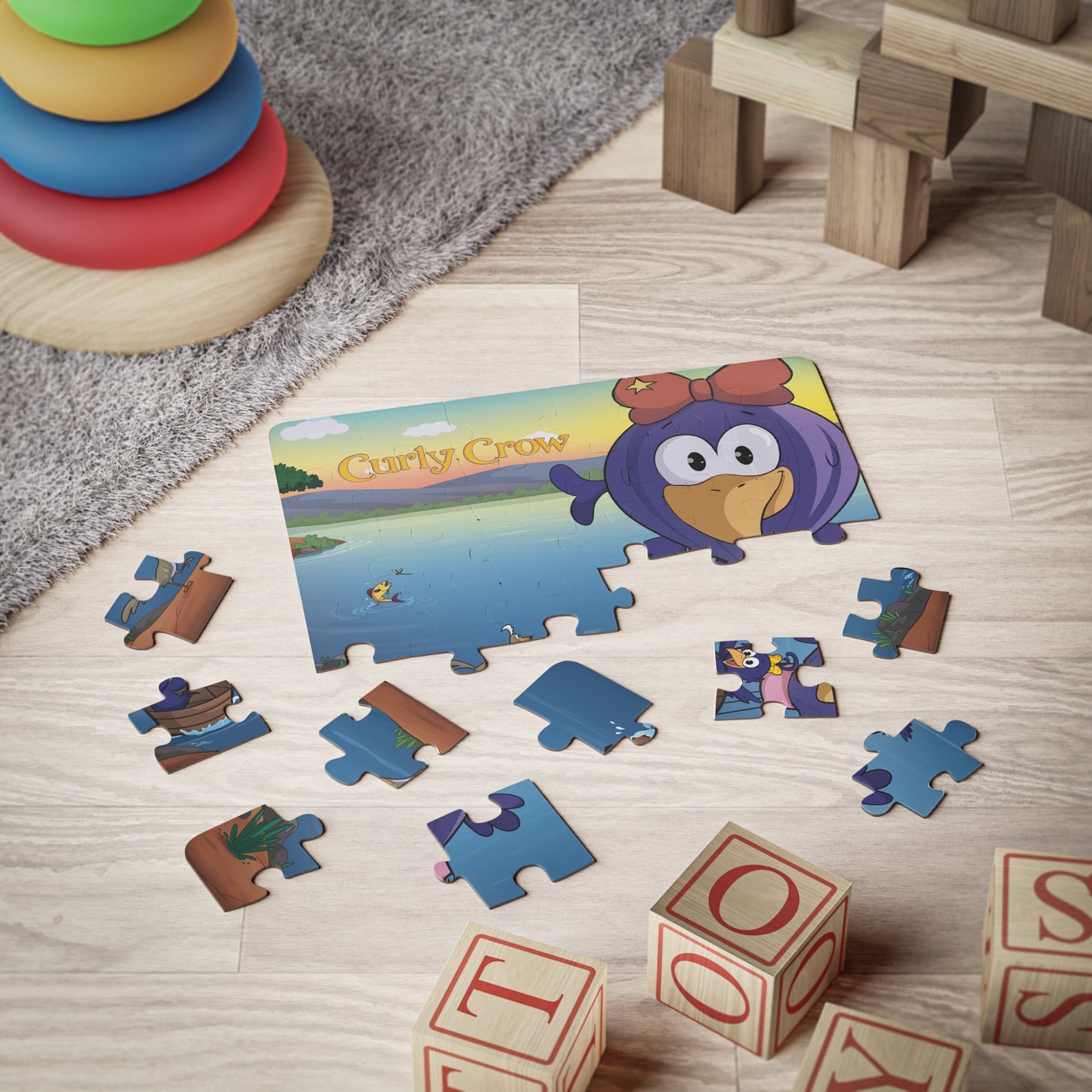 Puzzle pieces with vibrant hot air balloon illustrations scattered on a play table.