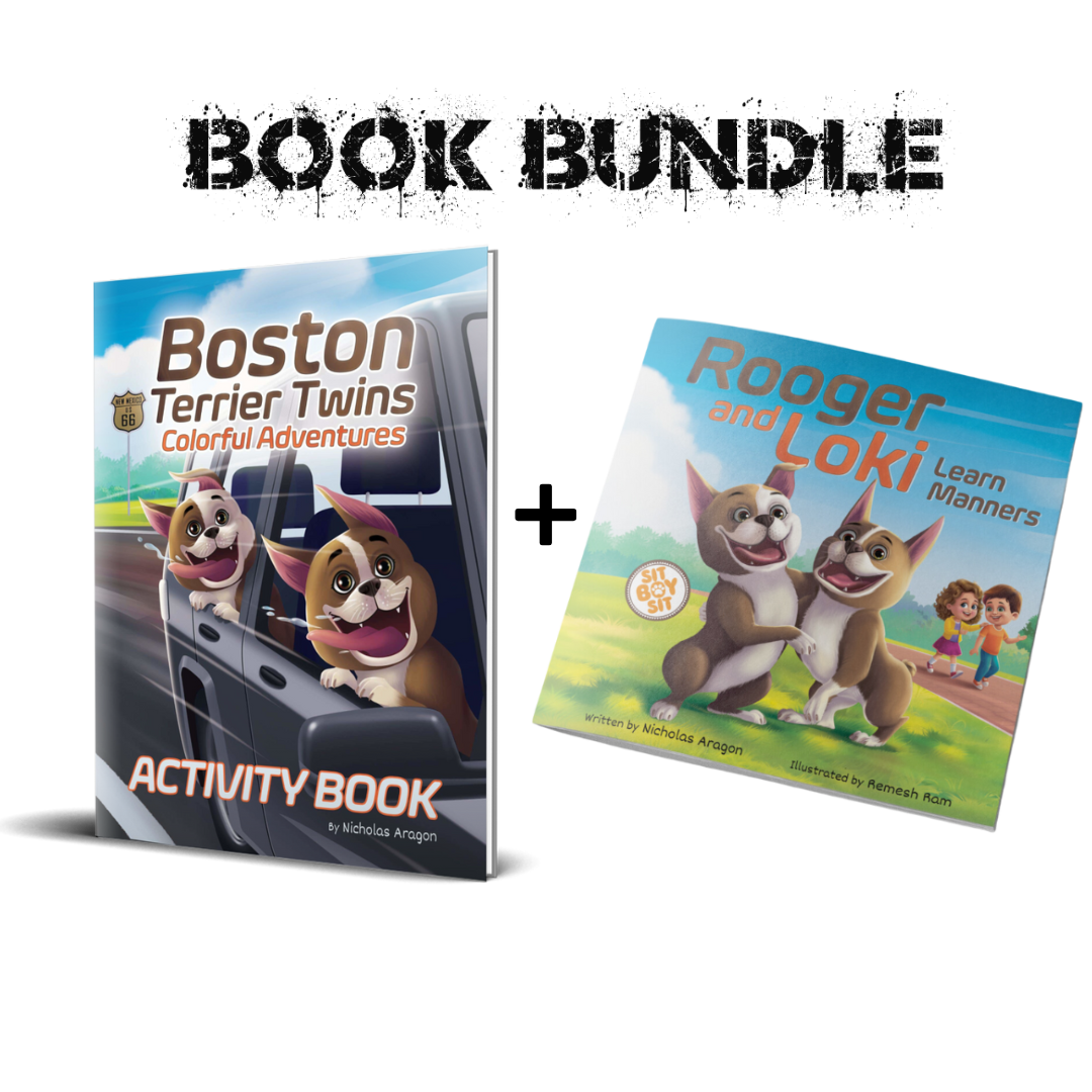 Two-book Rooger & Loki bundle with colorful storybook and activity book for kids featuring playful Boston Terrier twins