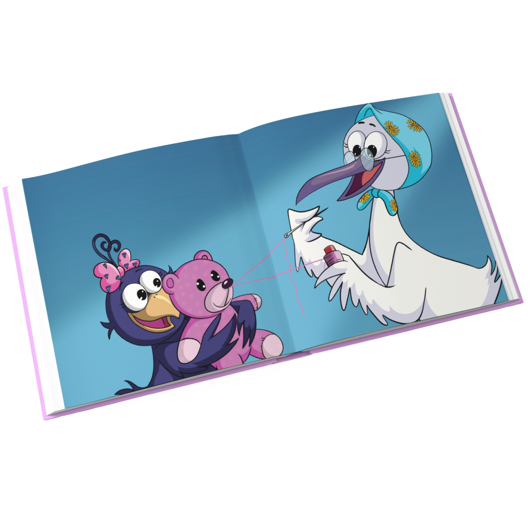 Curly Crow and Grandma sewing a teddy bear. A fun, colorful image from the new Curly Crow book, Curly Crow Visits Grandma.