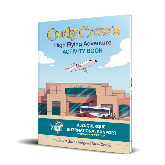 Curly Crow Sunport Activity Book Front Cover: Cover of the Curly Crow Sunport Activity Book featuring a cheerful cartoon crow with curly feathers, standing next to an airplane at the Albuquerque Sunport, with a bright New Mexico sunset in the background.