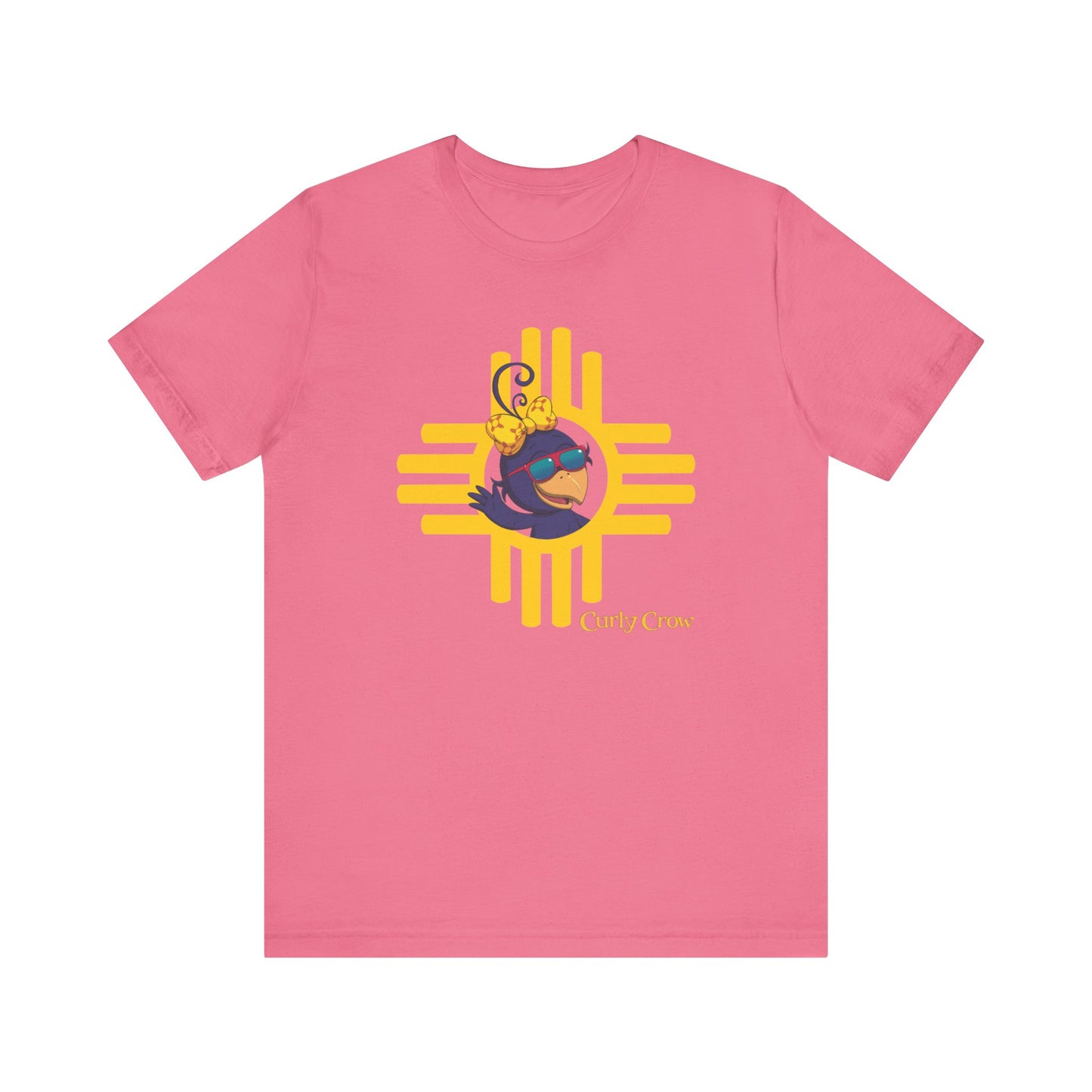 Curly Crow “Waving Crow” Tee – Large Yellow Zia Logo for Adults