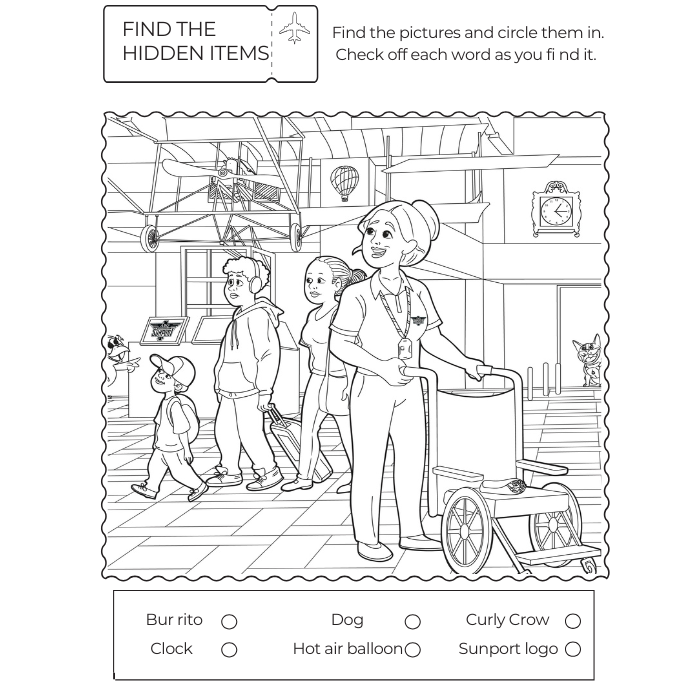 Curly Crow's activity page showing the Sunport and the 100 year old biplane in the back ground.