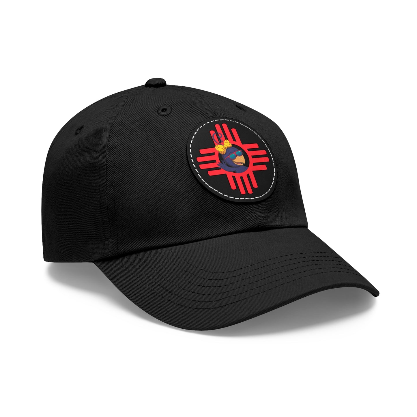 Black cap with a red and blue emblem on a white background