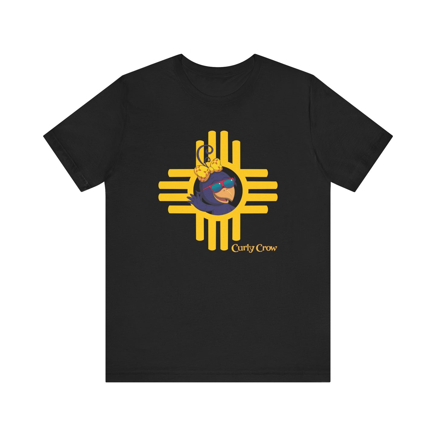 Curly Crow “Waving Crow” Tee – Large Yellow Zia Logo for Adults