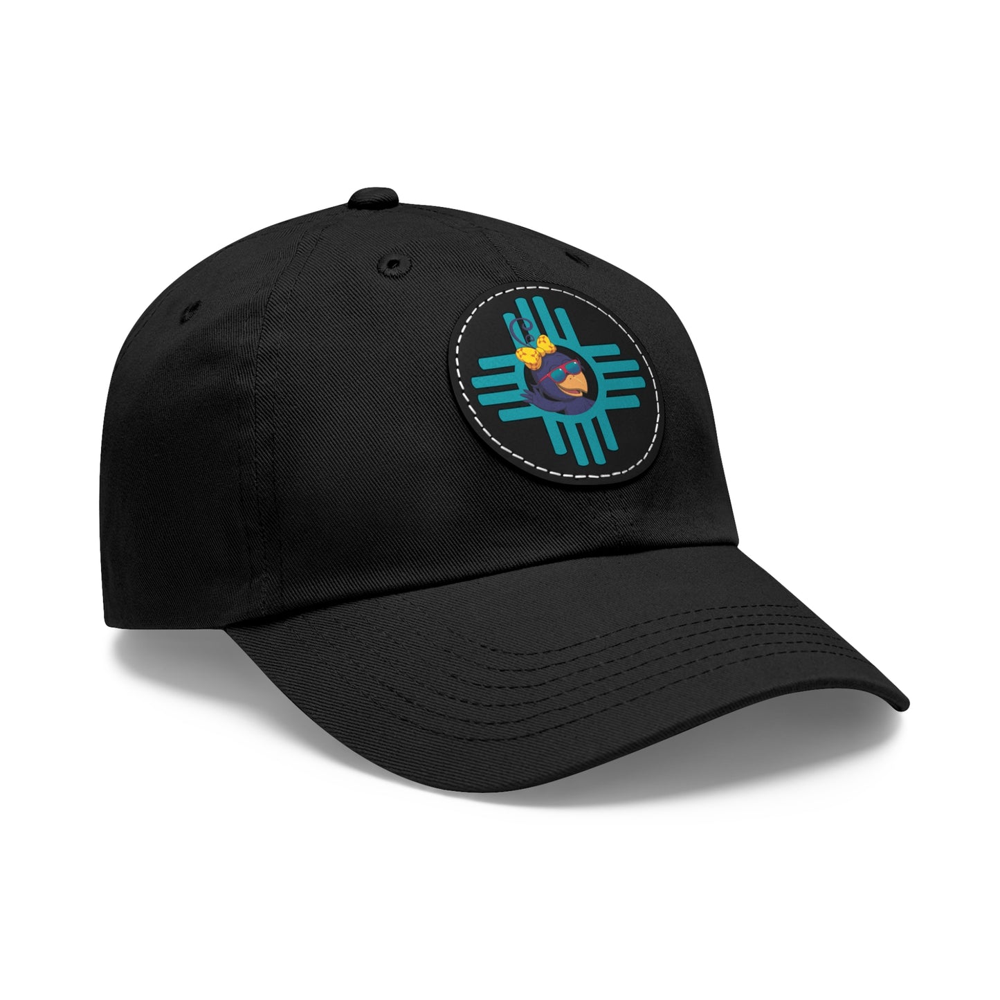 Black cap with a colorful emblem on a white background