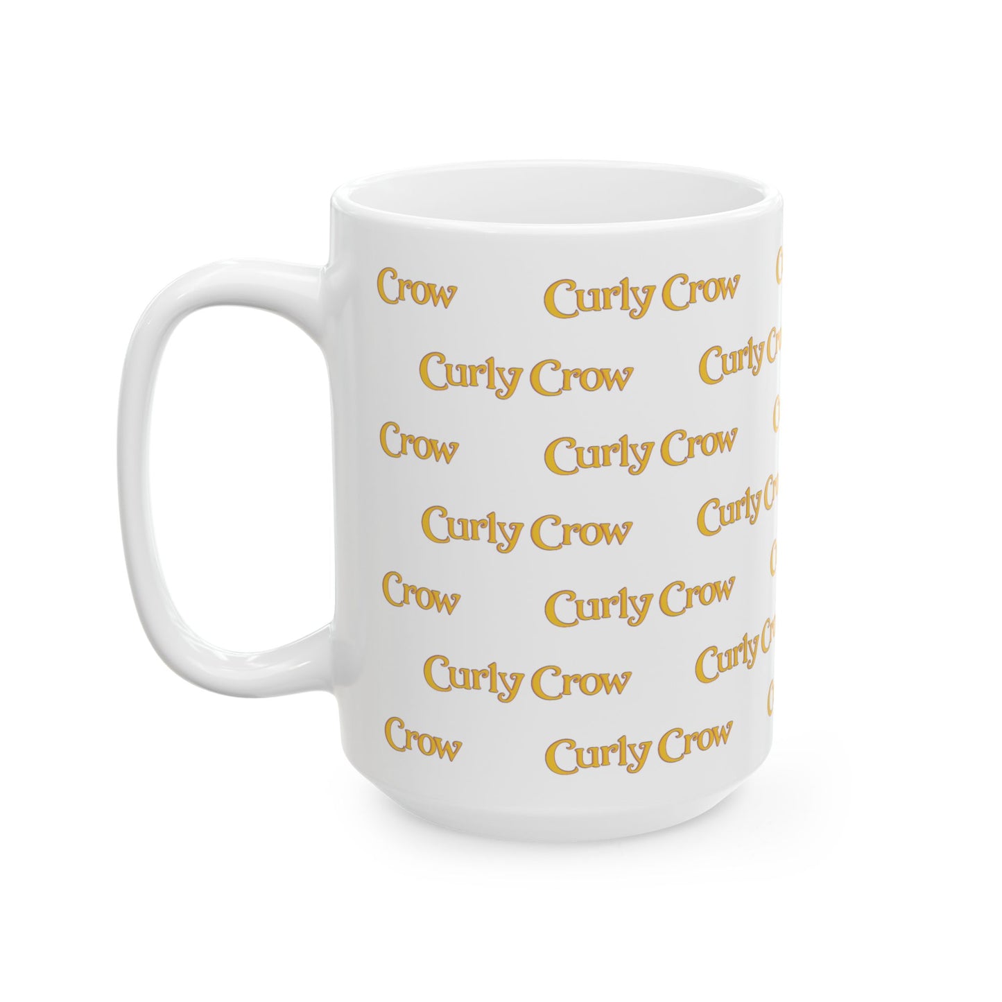 White ceramic mug with the Curly Crow Books logo featuring a playful black crow with curly feathers.