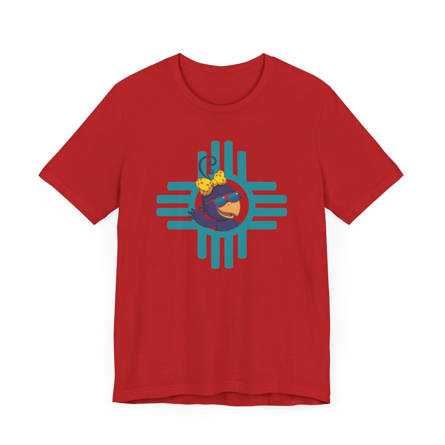 Curly Crow “Waving Crow” Tee – Large Turquoise Zia Logo with Back Logo (Adults)