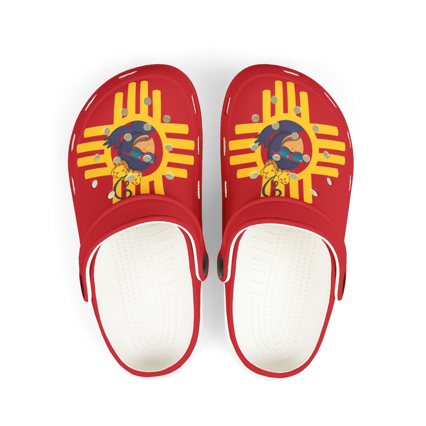 Red clogs with a colorful design on a white background