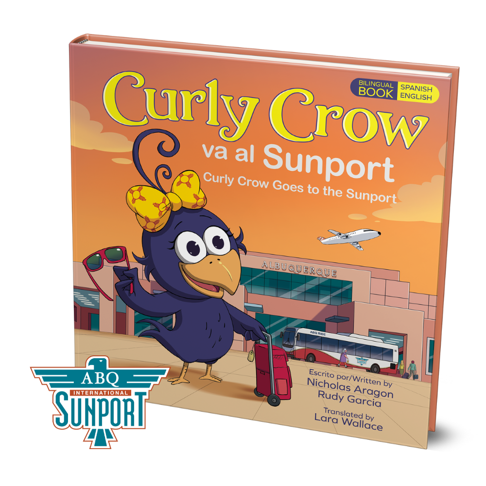 Children's book titled 'Curly Crow va al Sunport' with a cartoon crow character on the cover.